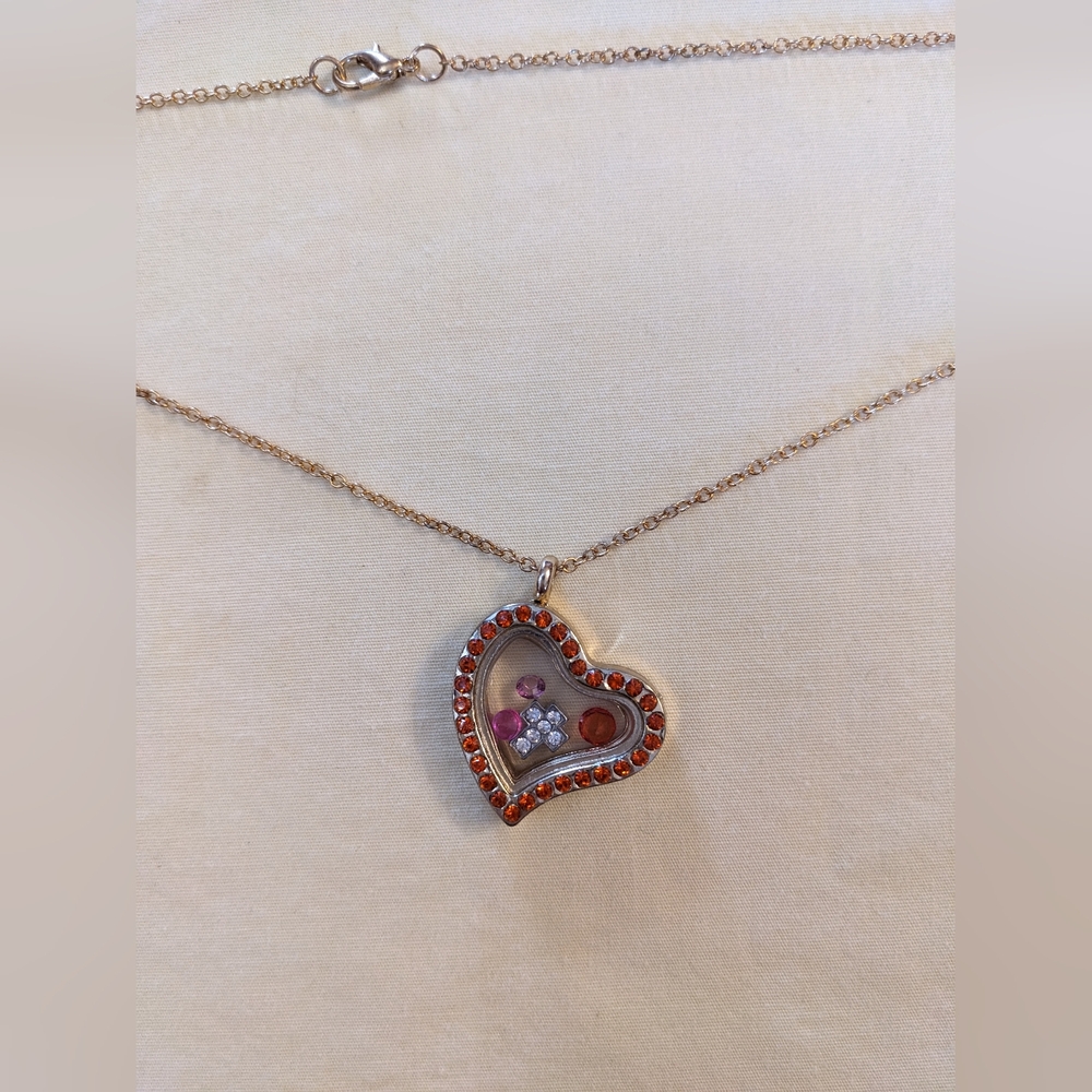 Floating Charm Locket Necklace Orange Rhinestone Memory Pendant Gold Tone T5B8E